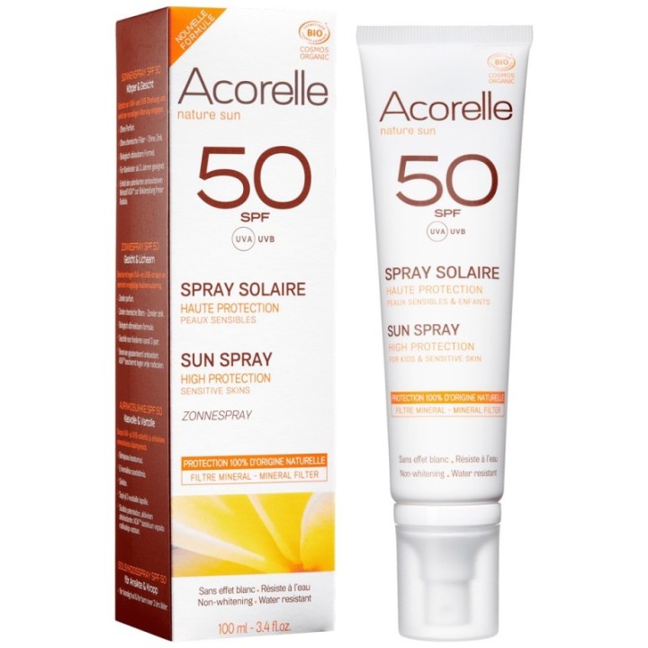 Spray solare organico, 100% origine naturale - Alta protezione, pelle sensibile SPF 50 - 100ml - Acorelle