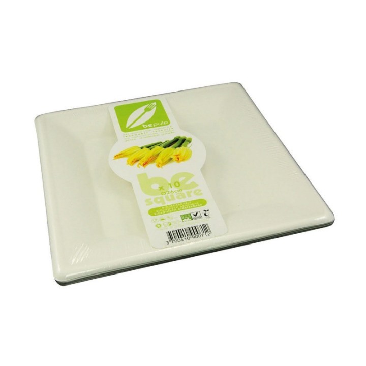 Assiettes/Plats carrés compostables à usage uniques en canne à sucre, 26 x 26cm - 10pces - Be Pulp