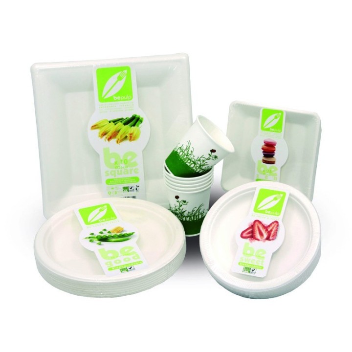 Assiettes/Plats carrés compostables à usage uniques en canne à sucre, 26 x 26cm - 10pces - Be Pulp
