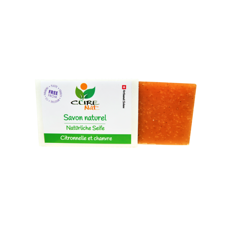 Savon artisanal naturel Suisse,  Citronnelle et Chanvre - 95g - Curenat