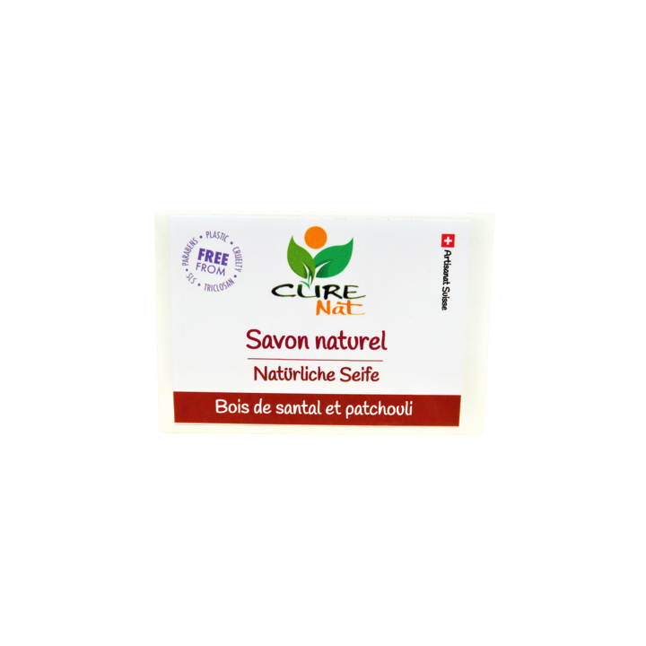 Savon artisanal naturel Suisse,  Bois de Santal et Patchouli - 95g - Curenat