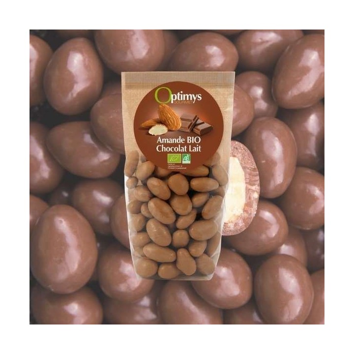 Delizia alle mandorle biologica con mandorle ricoperte di cioccolato al latte - 150g - Optimys