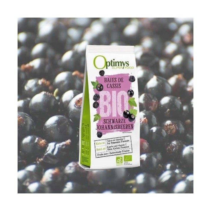 Getrocknete schwarze Bio-Johannisbeeren, die köstlich säuerliche kleine Beere - 180g - Optimys