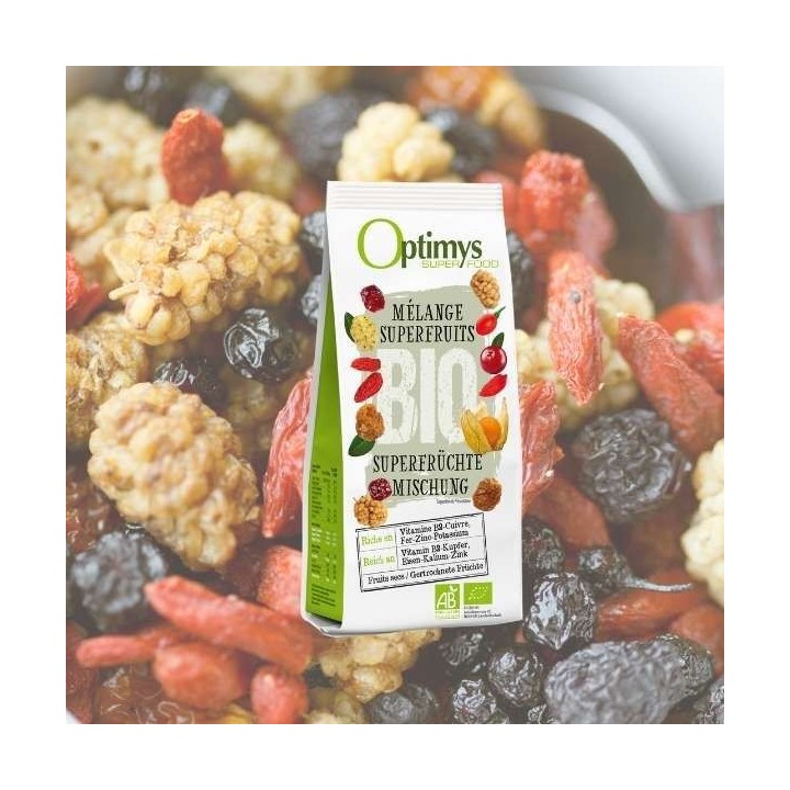 Miscela di 4 superfrutti secchi biologici, un mix ideale per uno spuntino sano - 200g - Optimys