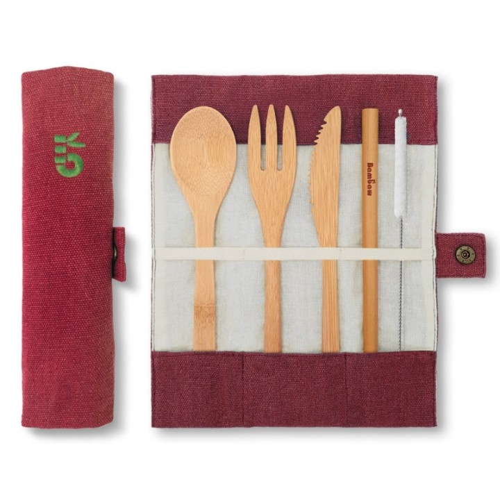 Set de couverts en bambou réutilisable avec pochette en coton - Olive - Bambaw