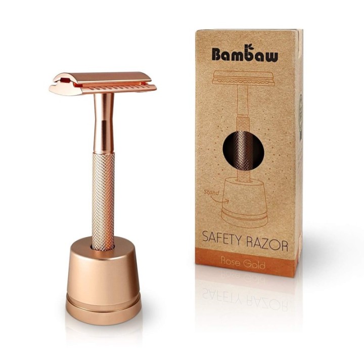 Rasoio di sicurezza in metallo, oro rosa, con base - Bambaw