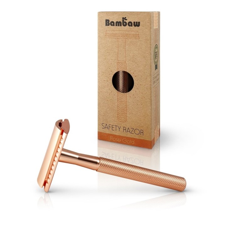 Rasoio di sicurezza in metallo, oro rosa, con base - Bambaw