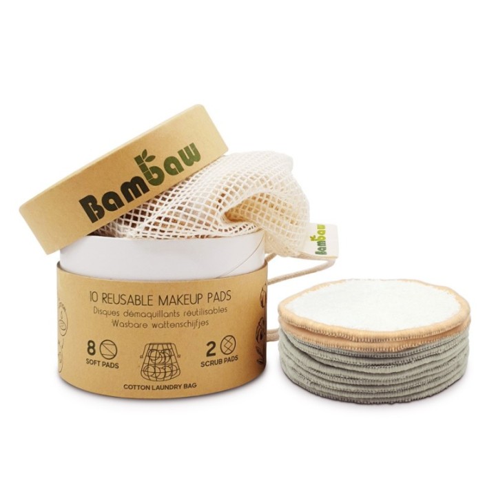 Lingettes démaquillantes lavables en bambou - 8 douces, 2 exfoliantes + filet de lavage - Bambaw