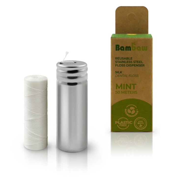 Filo interdentale naturale - Dispenser in acciaio inox + ricarica 50m - Bambaw