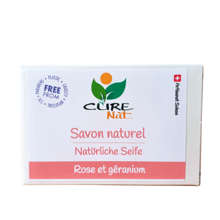 Savon artisanal et 100% naturel Suisse, Rose et géranium - 95g - Curenat