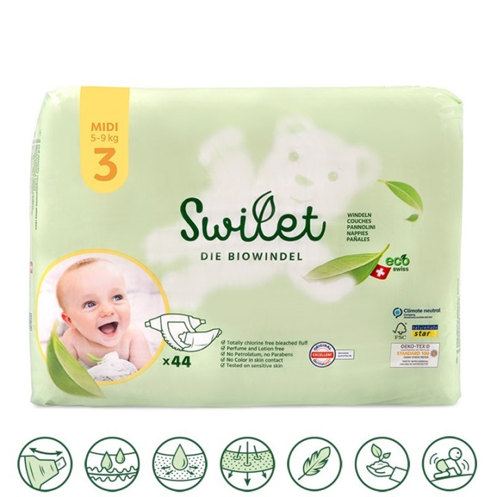 Couches pour bébé BIO & 100% suisse - Taille 3, Midi (5 à 9 kg) - 44pces - Swilet