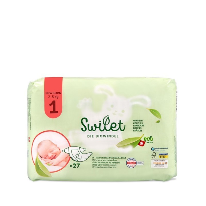 Pannolini bio, 100% svizzeri - Taglia 1, NewBorn (da 2 a 5 kg) - 27pz - Swilet