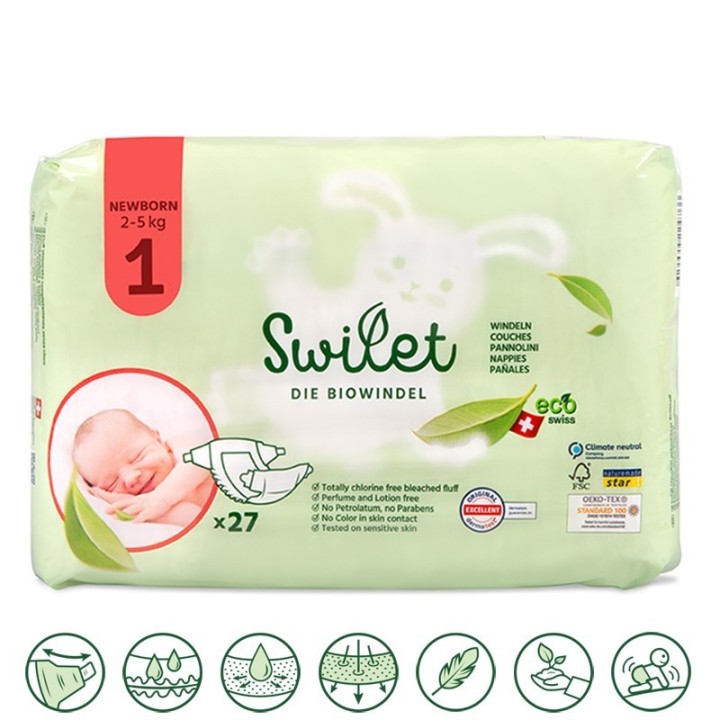 Couches pour bébé BIO & 100% suisse - Taille 1, NewBorn (2 à 5kg) - 27pces - Swilet