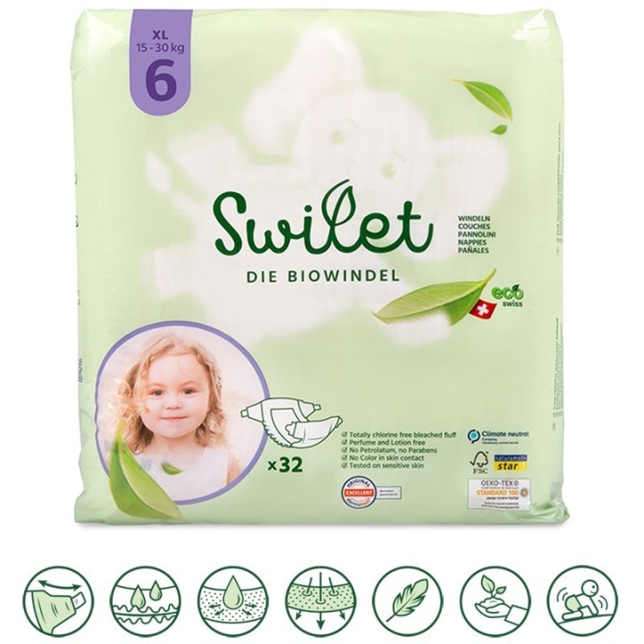 Pannolini bio, 100% svizzeri - Taglia 6, Junior (da 15 a 30kg) - 32pz - Swilet