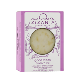 Schweizer Seife, "Good Vibes from Tulsi" mit Lavendel, Heiligem Basilikum und Sonnenblume - 90g - Zizan!a