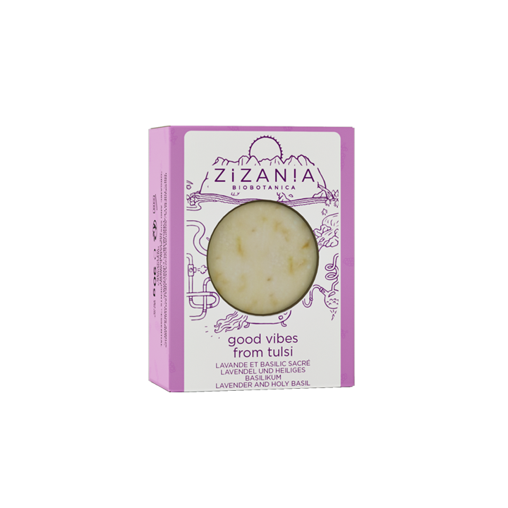Sapone svizzero, "Good Vibes from Tulsi" con lavanda, basilico santo e girasole - 90g - Zizan!a